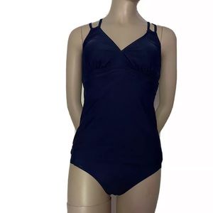 GRND 2Pcs V-Neck Tankini Bathing Suit set Navy Blue, Crisscross Back